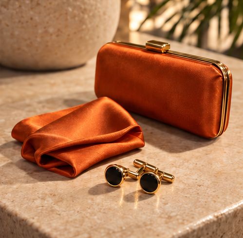 Oranje clutch en manchetknopen